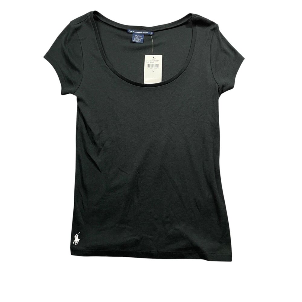 Ralph Lauren Sport Large NEW Black Cap Sleeve Scoop Neck Cotton Blend Stretch